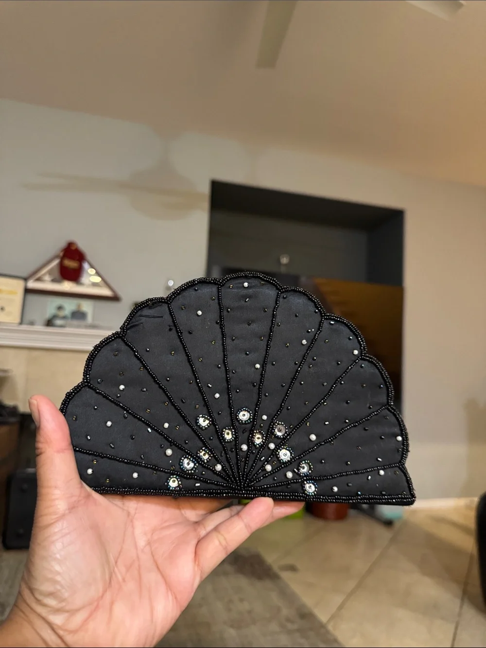 Beaded Fan Clutch Wristlet - Black Evening Bag